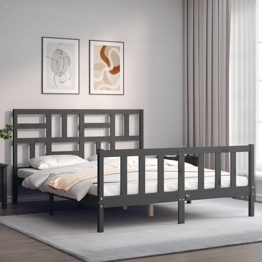 Massivholzbett mit Kopfteil Grau 160x200 cm