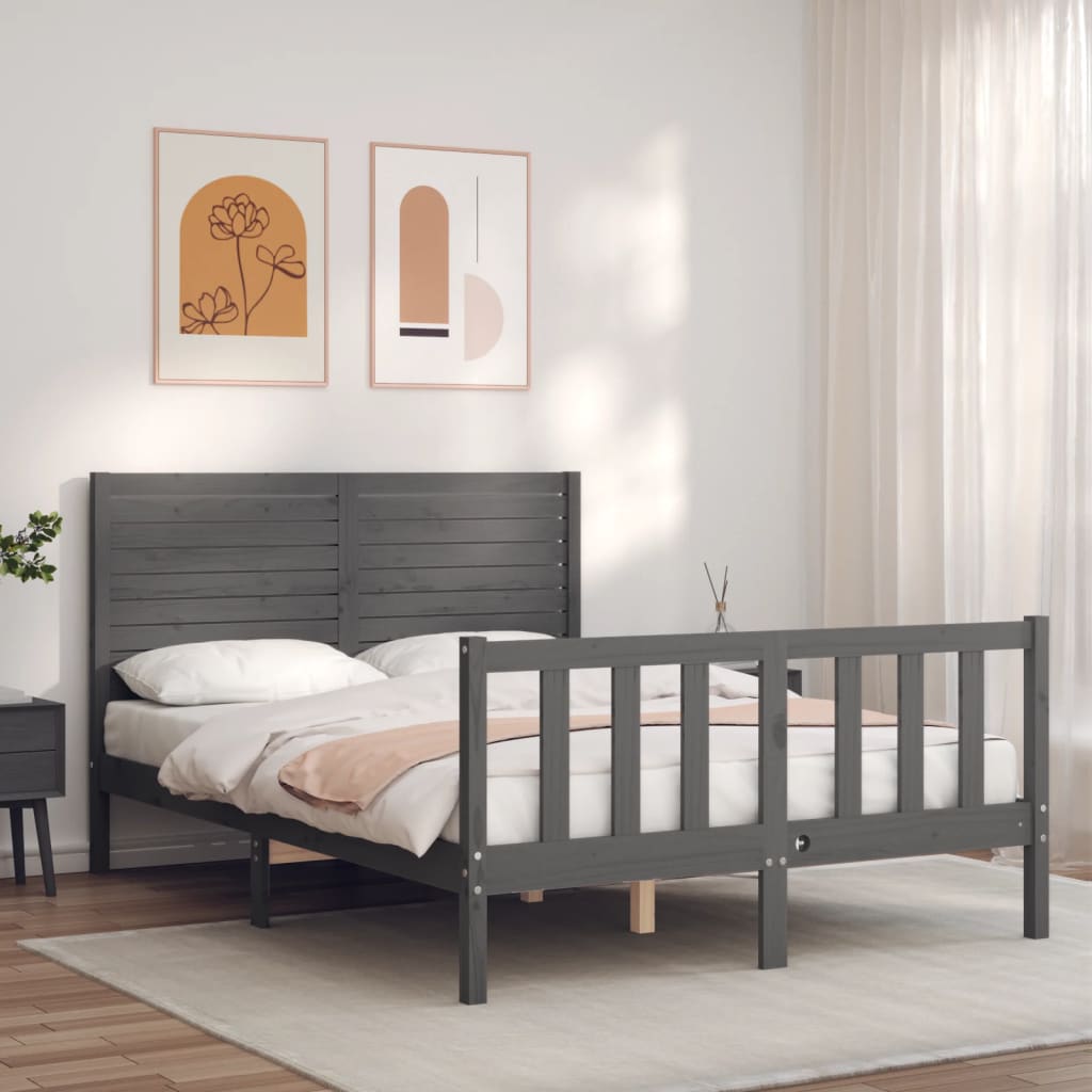 Massivholzbett mit Kopfteil Grau 140x200 cm