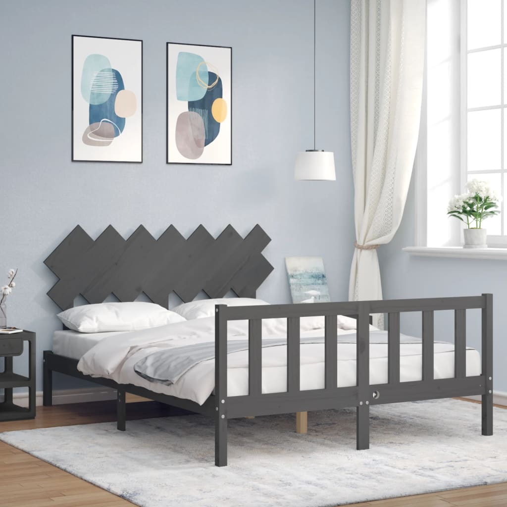 Massivholzbett mit Kopfteil Grau 140x190 cm