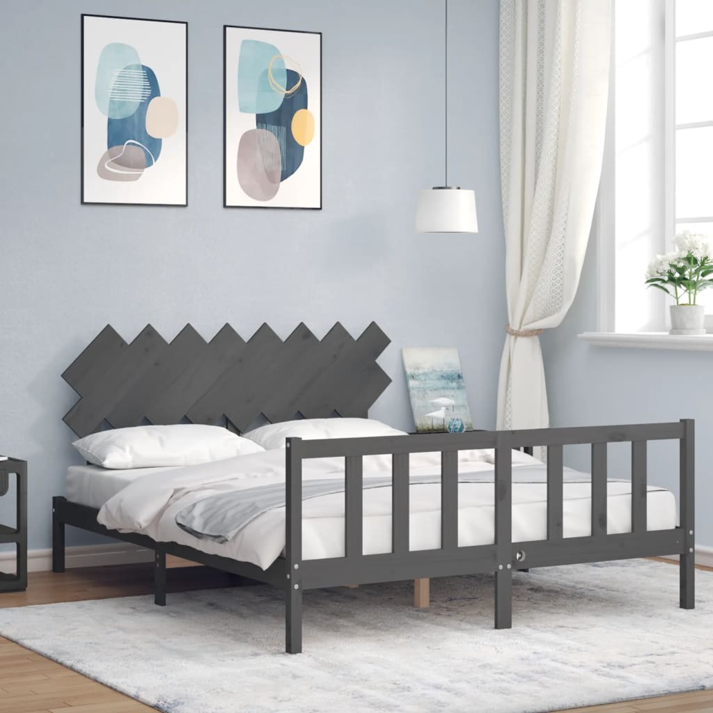 Massivholzbett mit Kopfteil Grau 160x200 cm