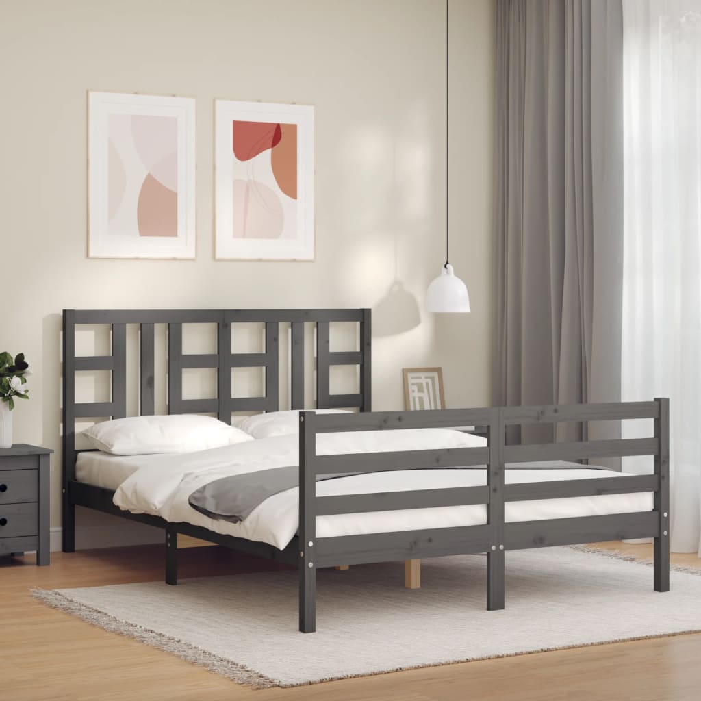 Massivholzbett mit Kopfteil Grau 140x200 cm