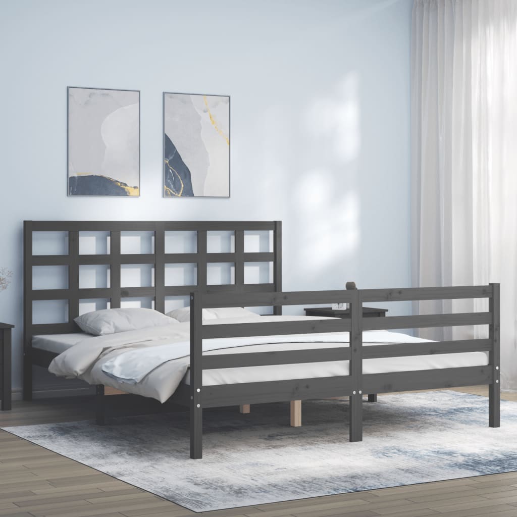 Massivholzbett mit Kopfteil Grau 160x200 cm