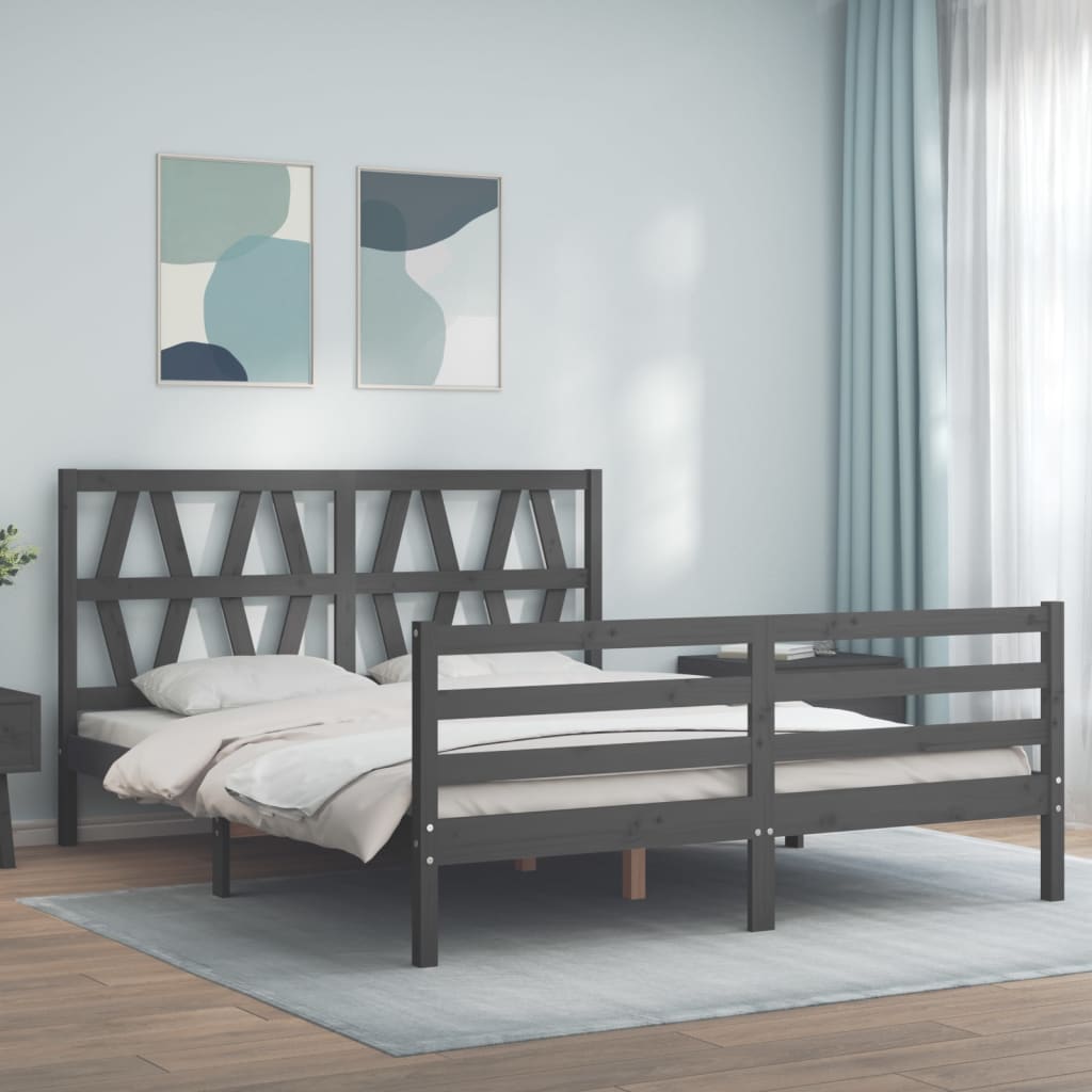 Massivholzbett mit Kopfteil Grau 160x200 cm