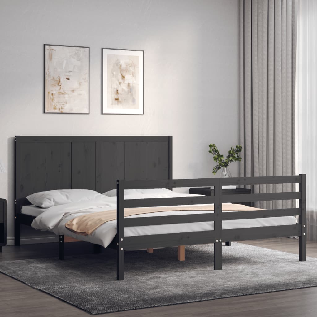 Massivholzbett mit Kopfteil Grau