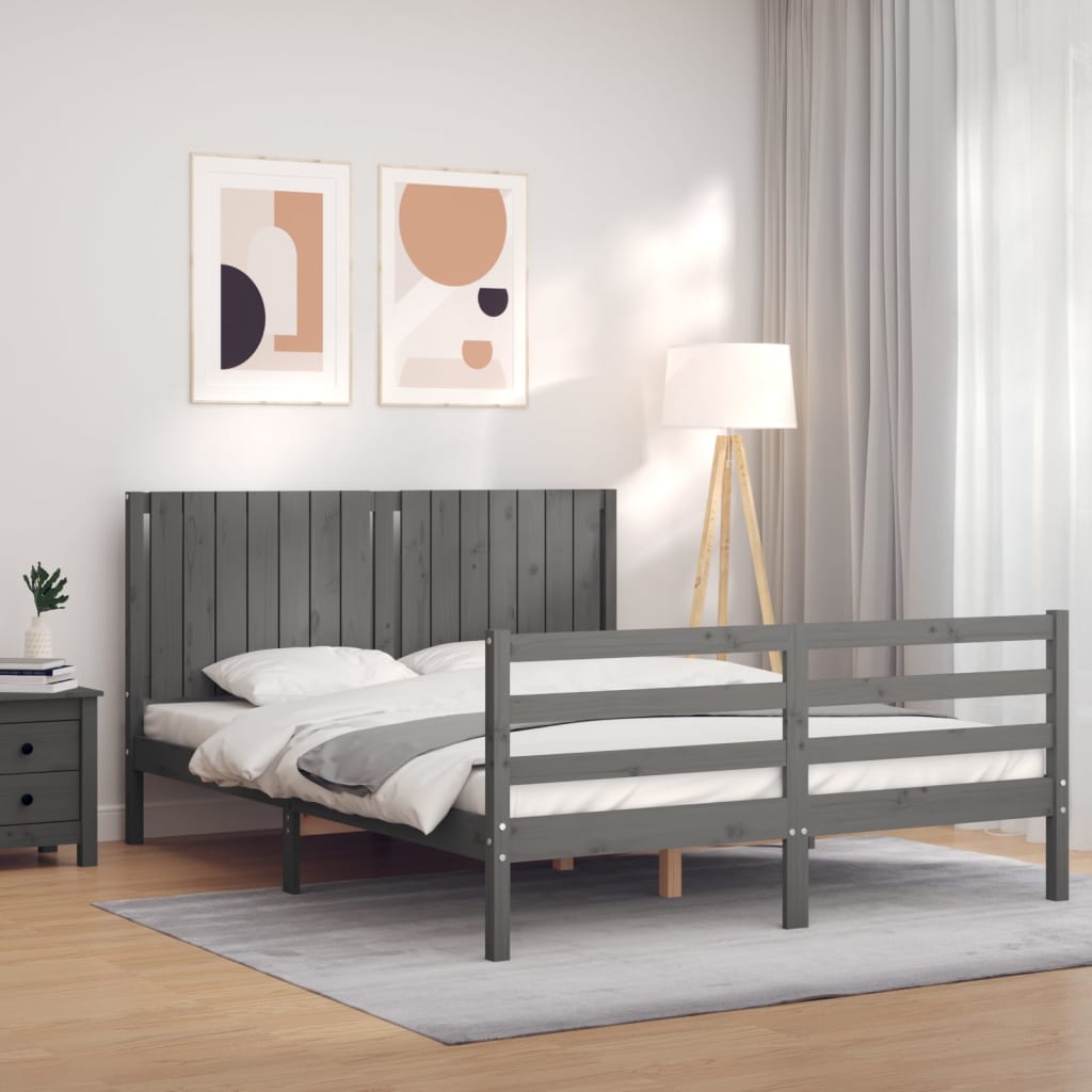 Massivholzbett mit Kopfteil Grau 160x200 cm