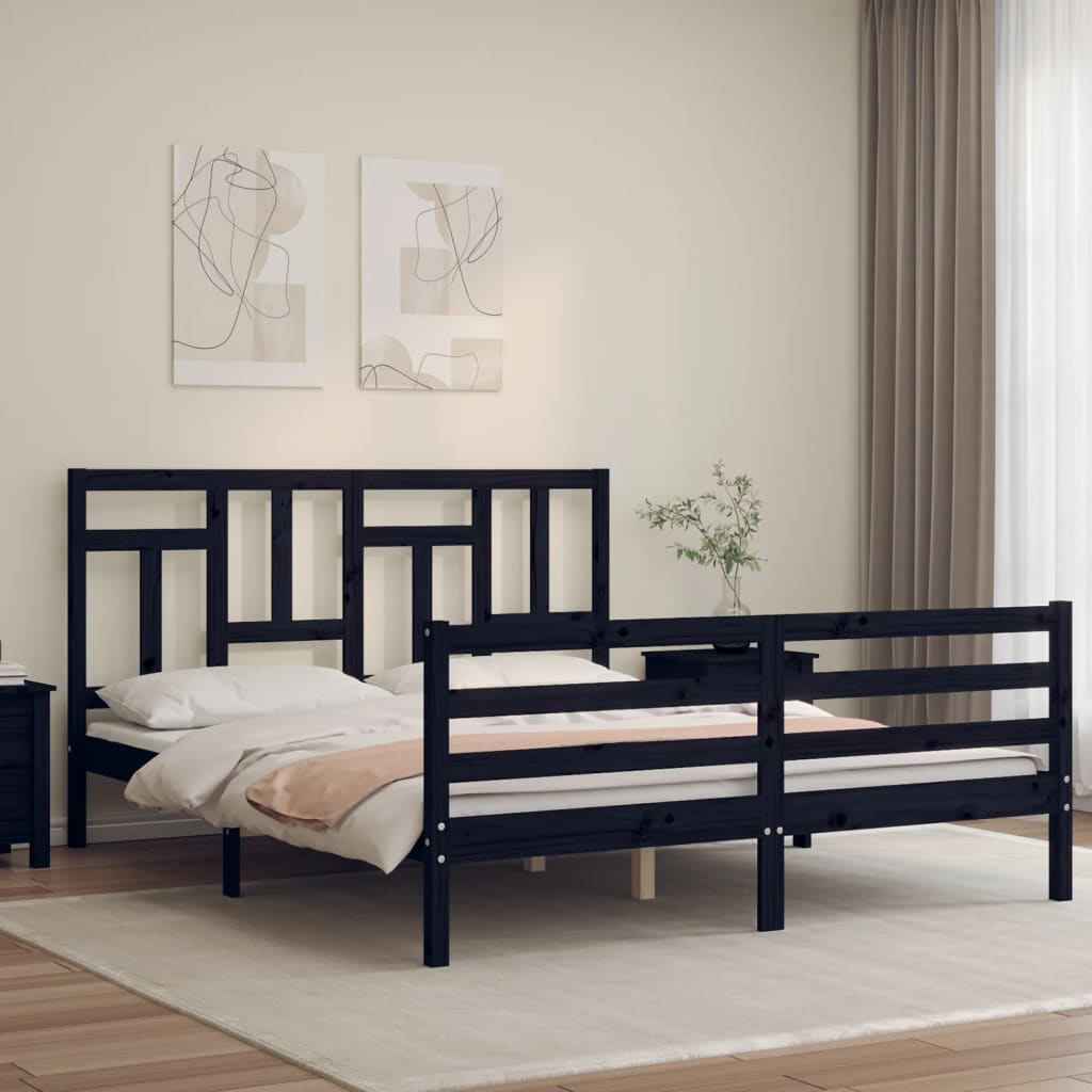 Massivholzbett mit Kopfteil Schwarz 160x200 cm