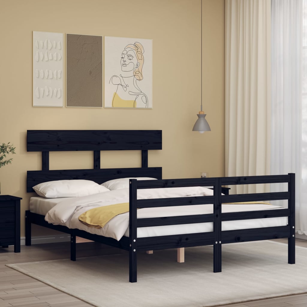 Massivholzbett mit Kopfteil Schwarz 140x190 cm
