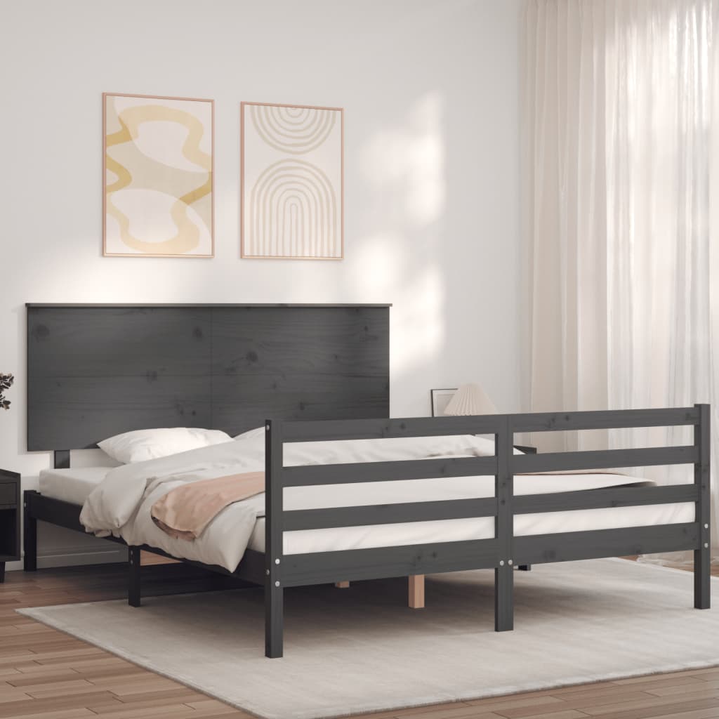 Massivholzbett mit Kopfteil Grau 160x200 cm