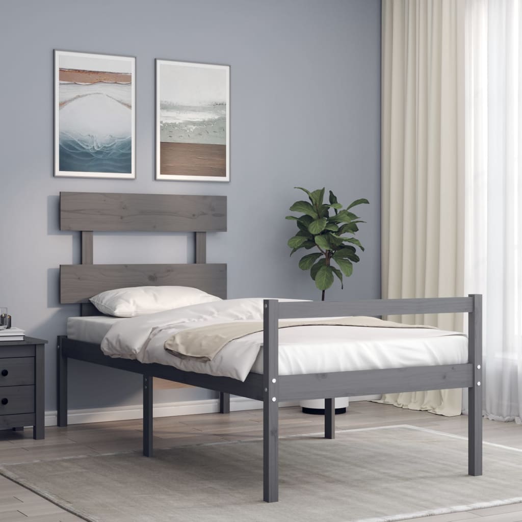 Massivholzbett mit Kopfteil Grau 90x200 cm