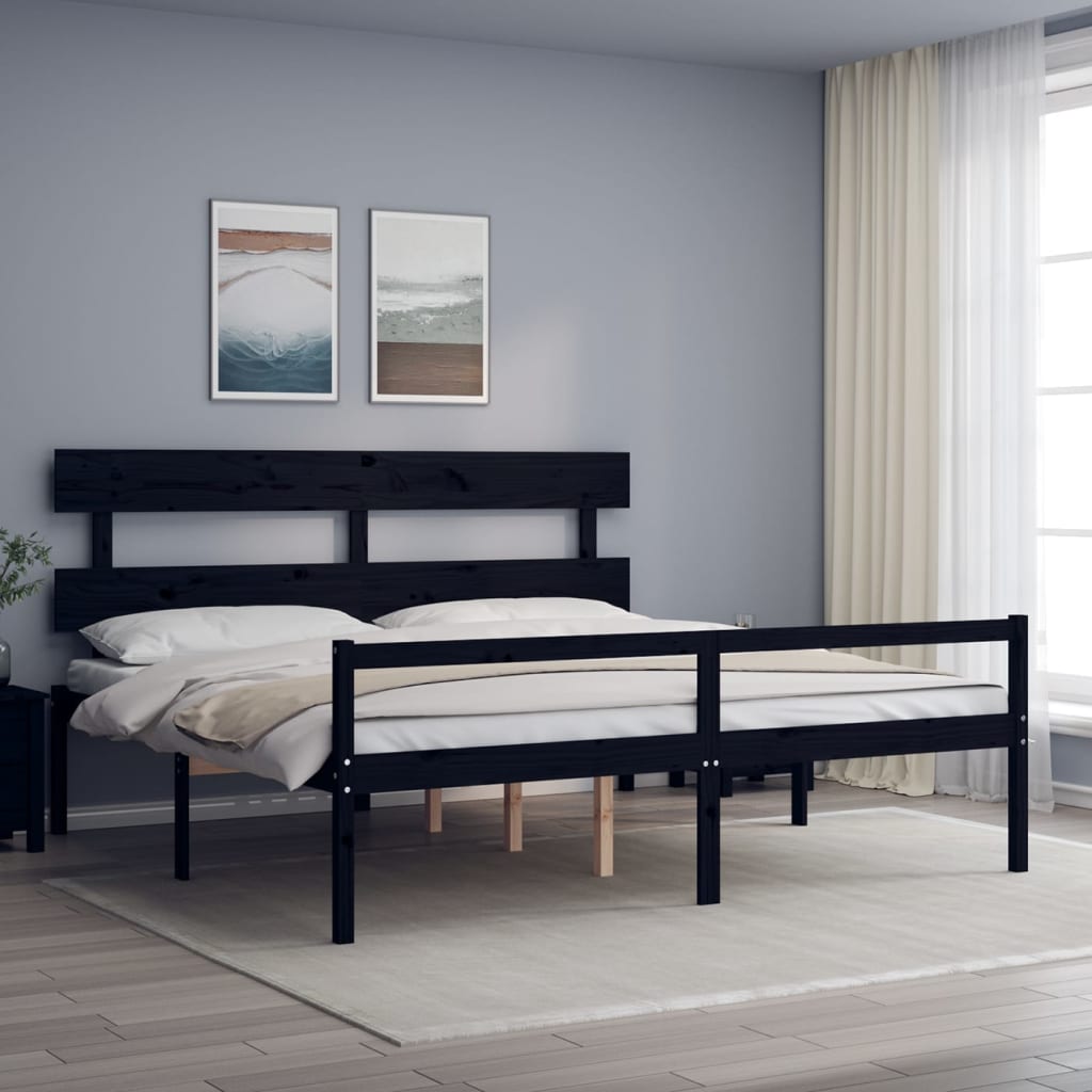 Seniorenbett mit Kopfteil Schwarz Super Kingsize Massivholz