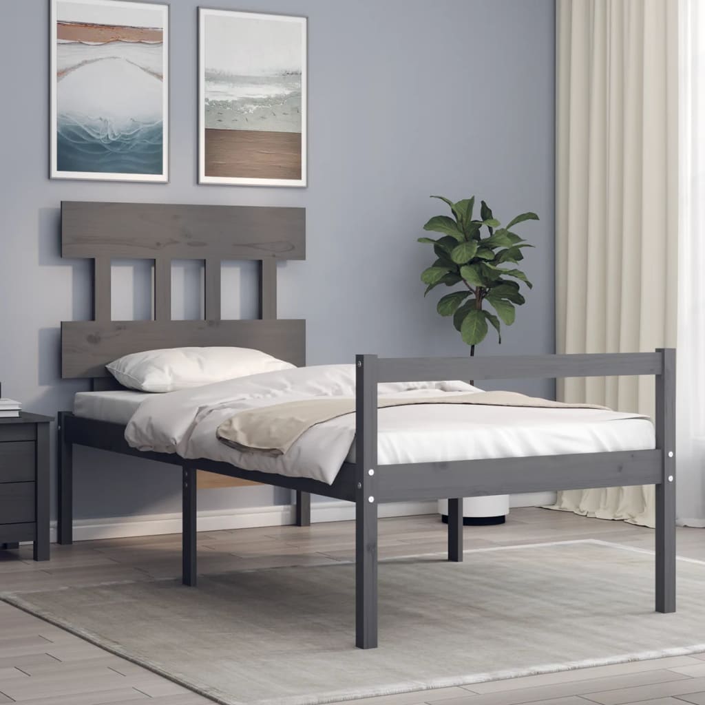Massivholzbett mit Kopfteil Grau 90x200 cm
