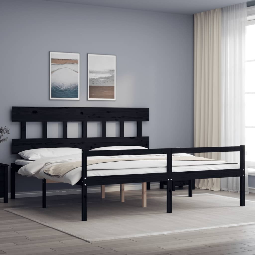 Seniorenbett mit Kopfteil Schwarz Super Kingsize Massivholz