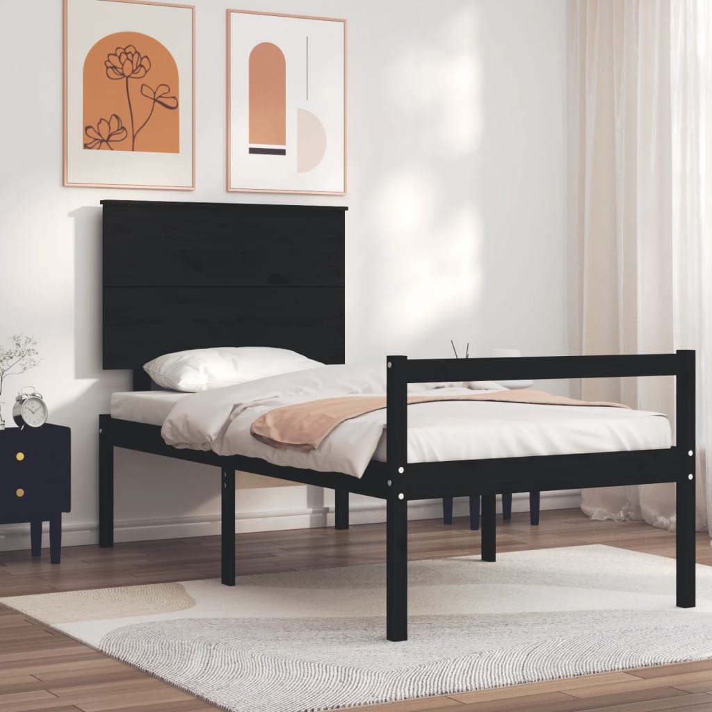 Seniorenbett mit Kopfteil 100x200 cm Schwarz Massivholz