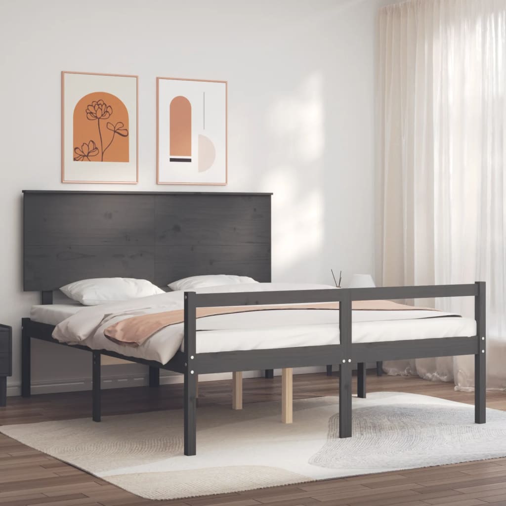 Seniorenbett mit Kopfteil Grau Kingsize Massivholz