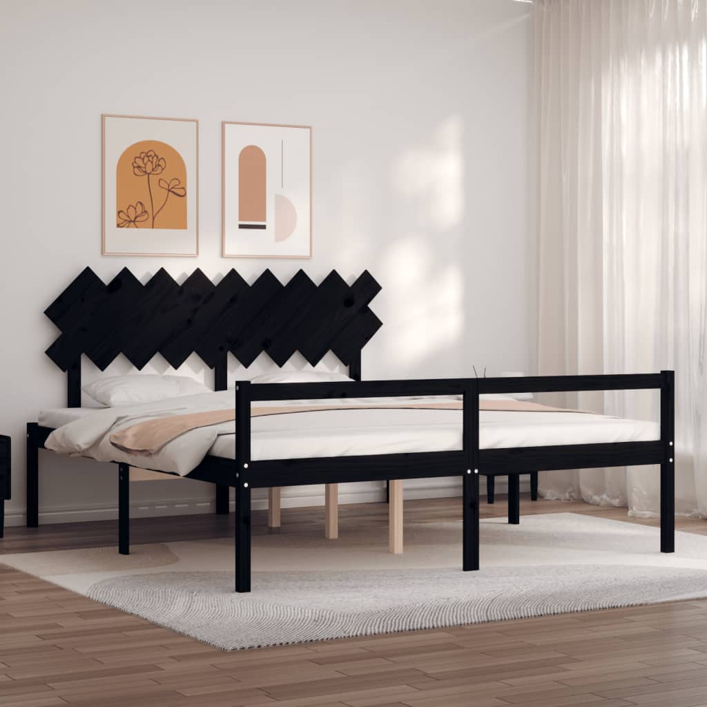 Seniorenbett mit Kopfteil Schwarz Super Kingsize Massivholz