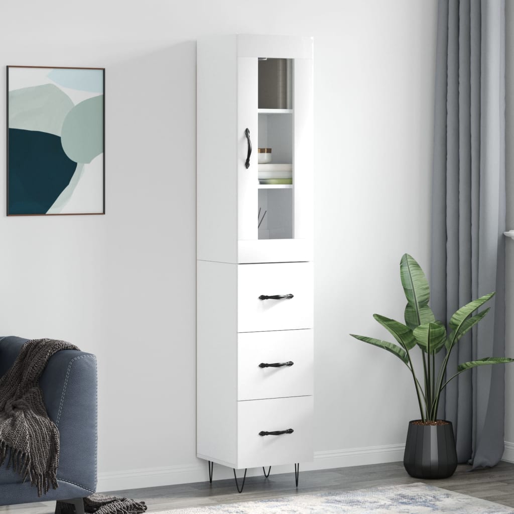Highboard High Gloss White 34.5x34x180 cm Engineered Wood