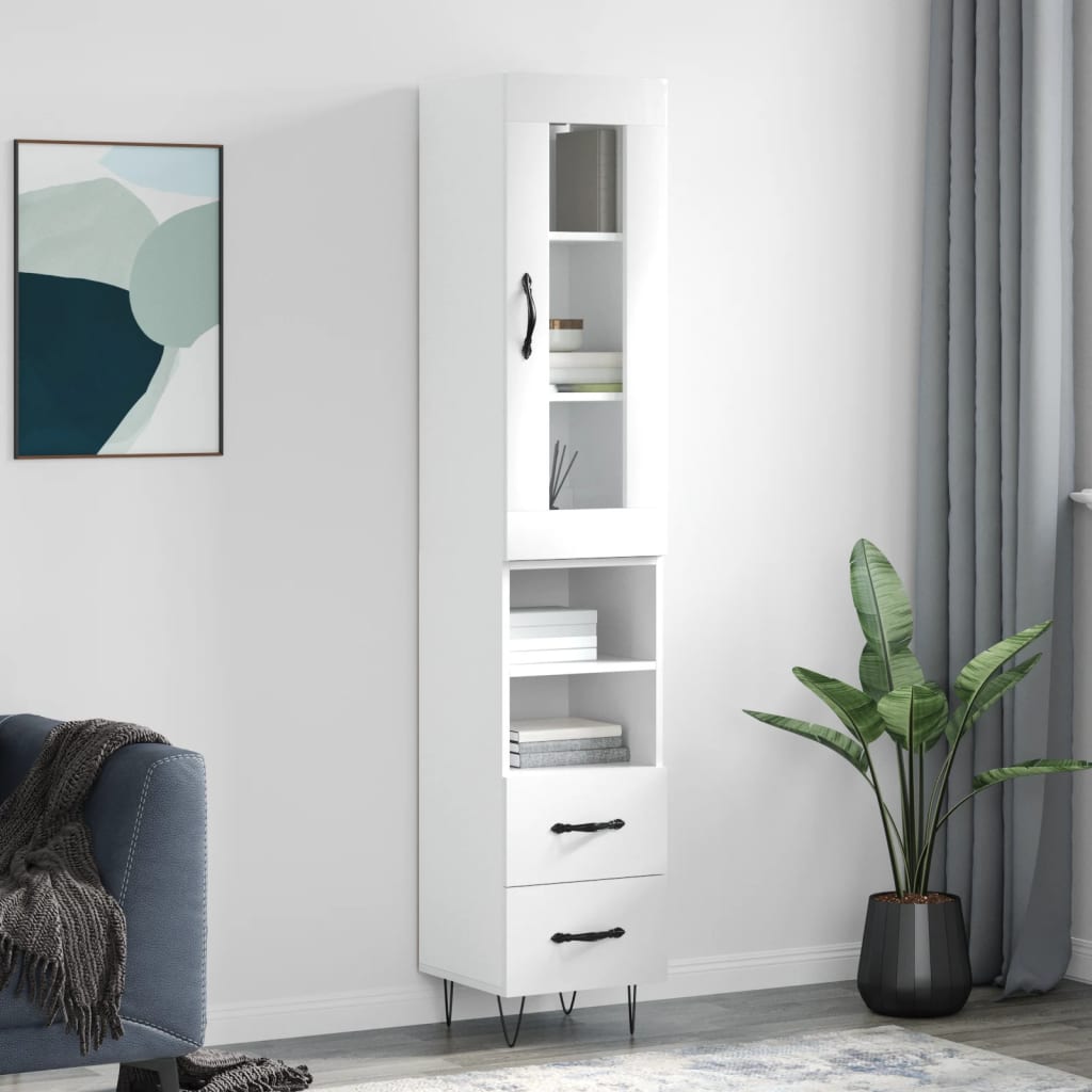Highboard High Gloss White 34.5x34x180 cm Engineered Wood