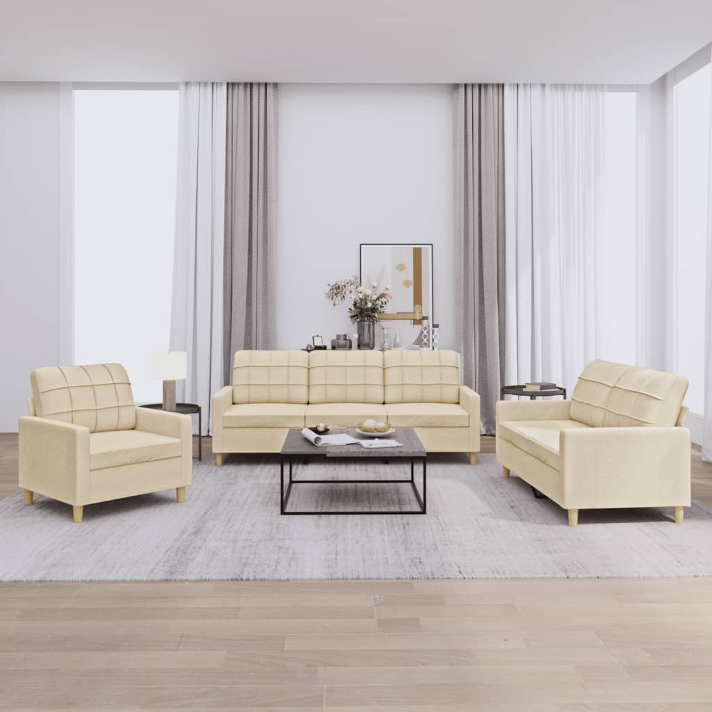 vidaXL 3-tlg. Sofagarnitur mit Kissen Creme Stoff