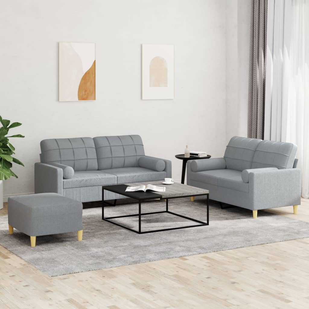 vidaXL 3-tlg. Sofagarnitur mit Kissen Hellgrau Stoff