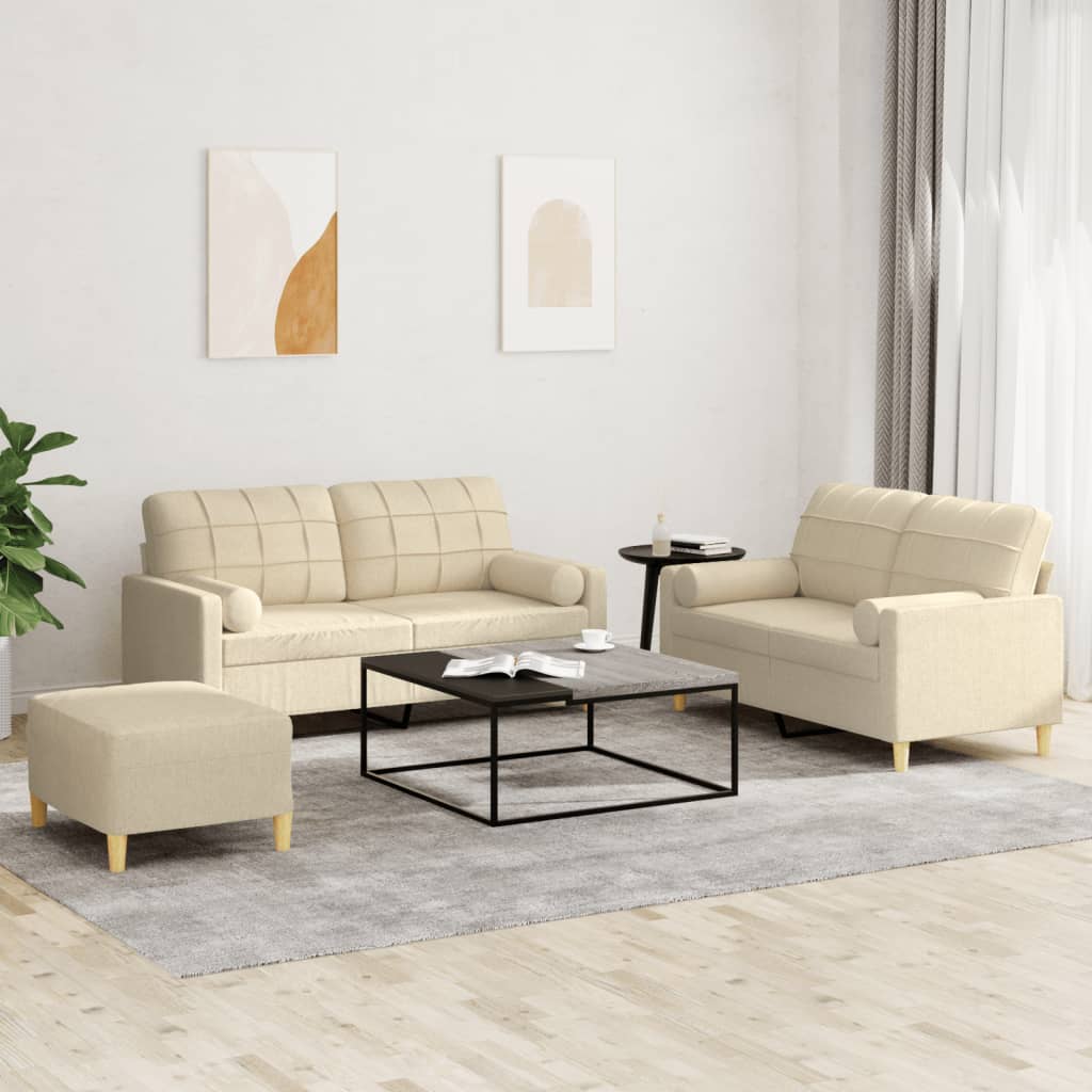 vidaXL 3-tlg. Sofagarnitur mit Kissen Creme Stoff