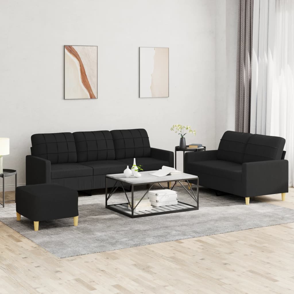 vidaXL 3-tlg. Sofagarnitur mit Kissen Schwarz Stoff