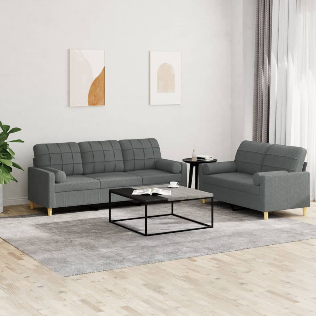 vidaXL 2-tlg. Sofagarnitur mit Kissen Dunkelgrau Stoff