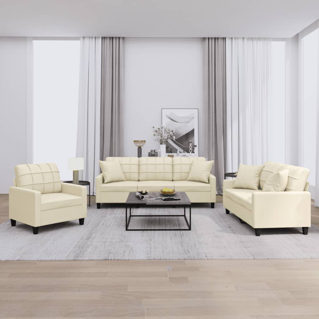 vidaXL 3-tlg. Sofagarnitur mit Kissen Creme Kunstleder