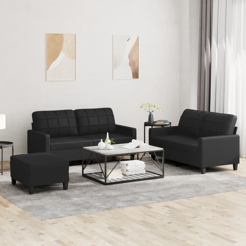 vidaXL 3-tlg. Sofagarnitur mit Kissen Schwarz Kunstleder