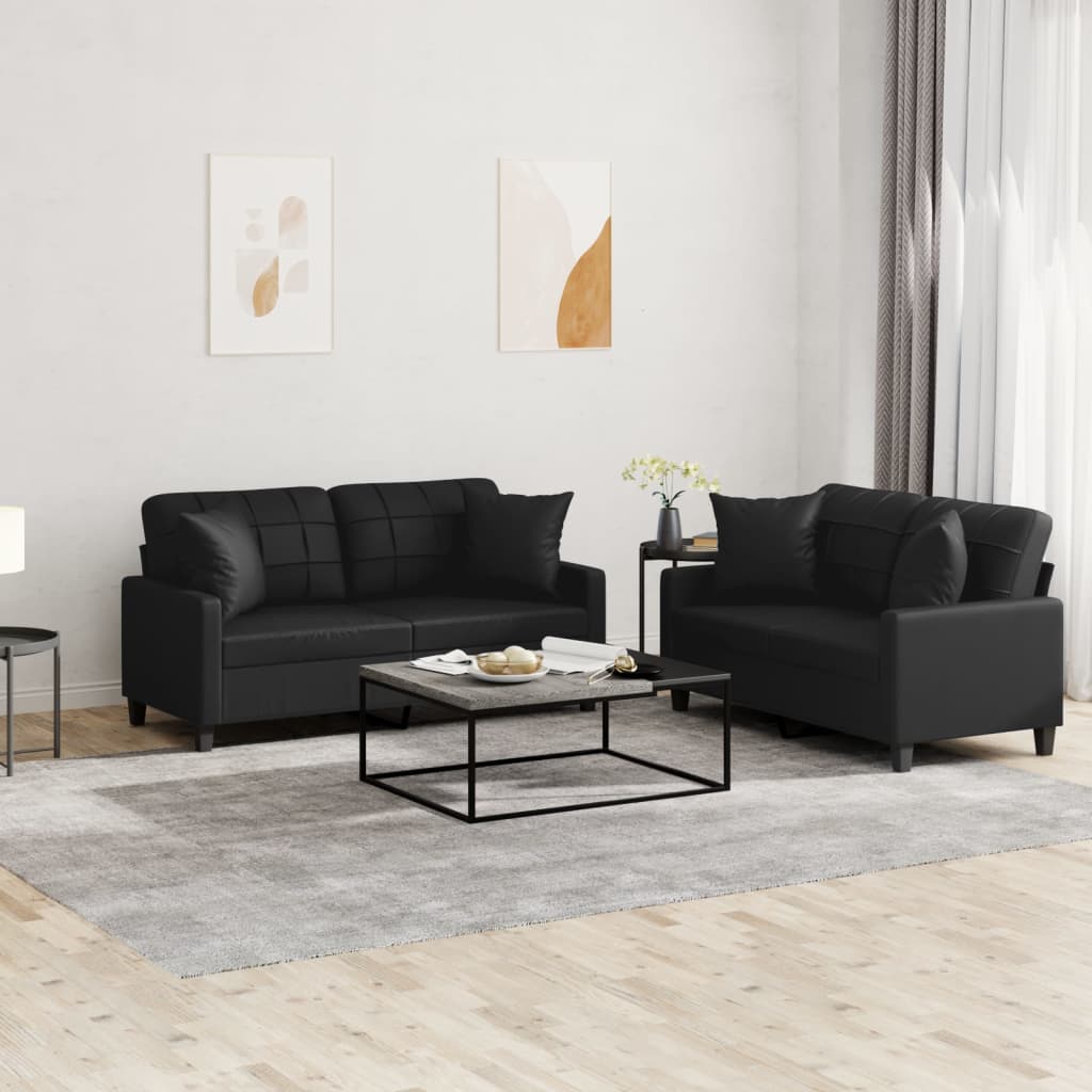 vidaXL 2-tlg. Sofagarnitur mit Kissen Schwarz Kunstleder