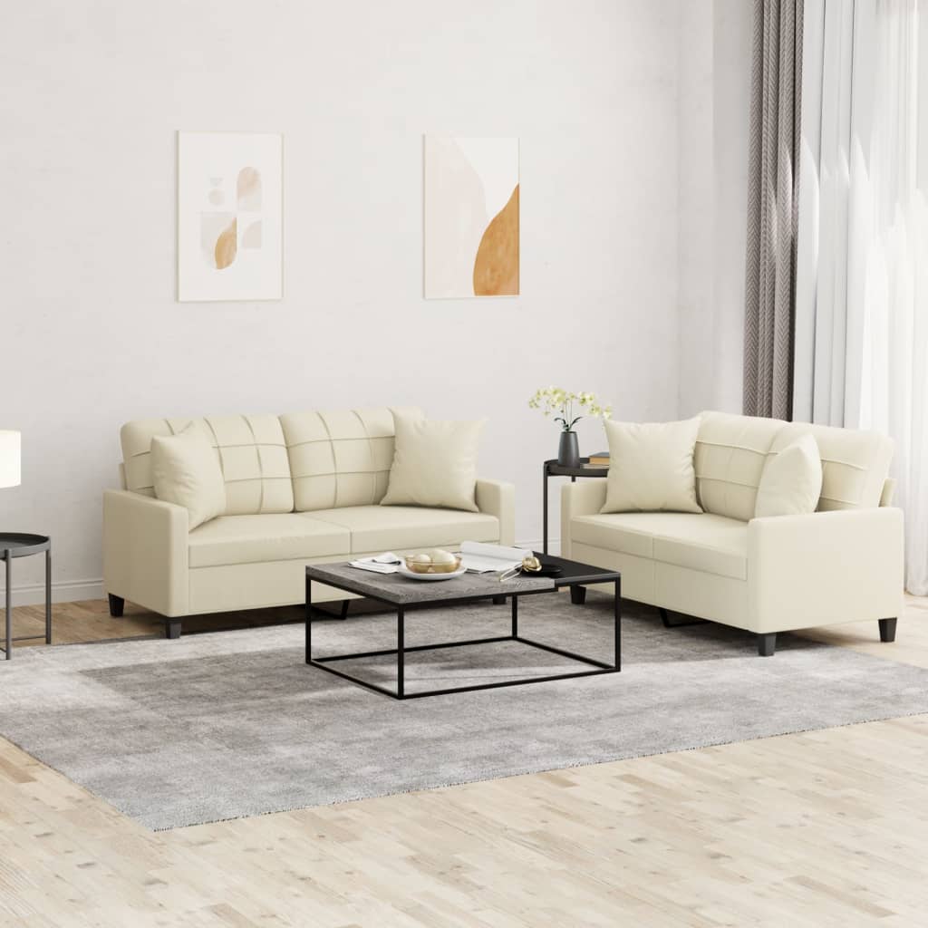 vidaXL 2-tlg. Sofagarnitur mit Kissen Creme Kunstleder