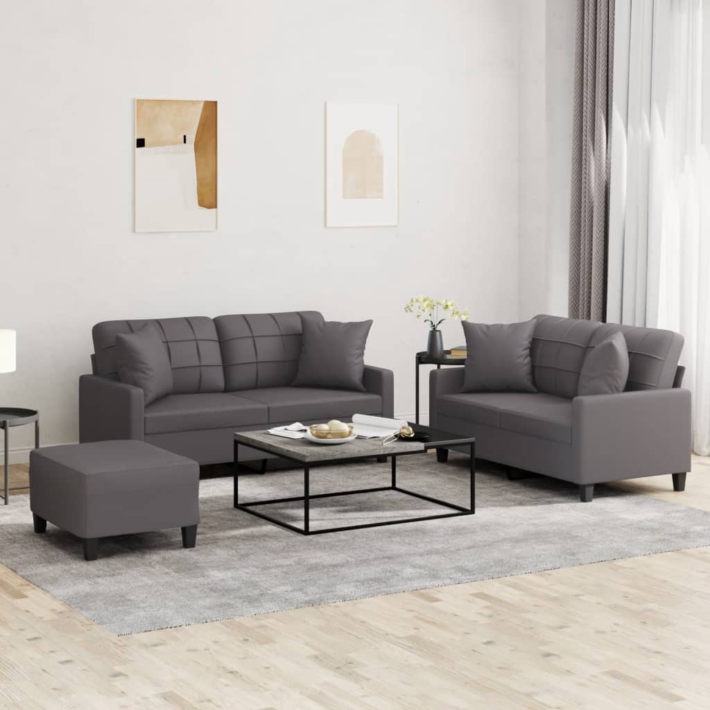 vidaXL 3-tlg. Sofagarnitur mit Kissen Grau Kunstleder