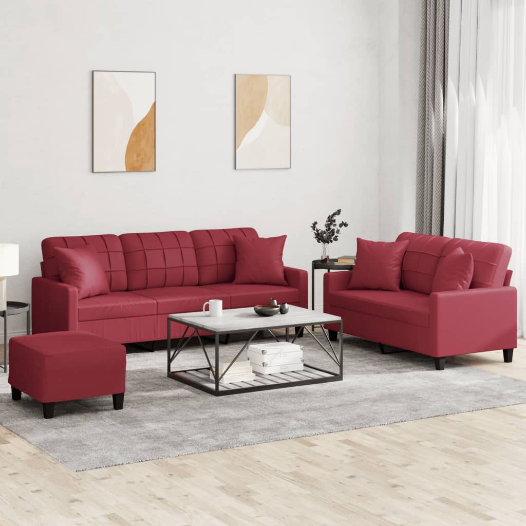vidaXL 3-tlg. Sofagarnitur mit Kissen Weinrot Kunstleder