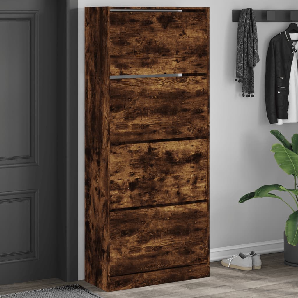 Shoe Cabinet with 4 Flip-Drawers Smoked Oak 80x34x187.5 cm