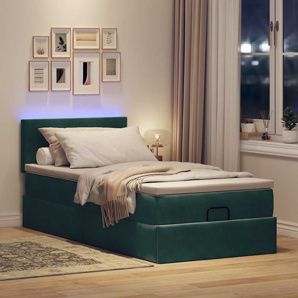 Οθωμανικό κρεβάτι με στρώμα & LEDs Dark Green 90x190cm Velvet