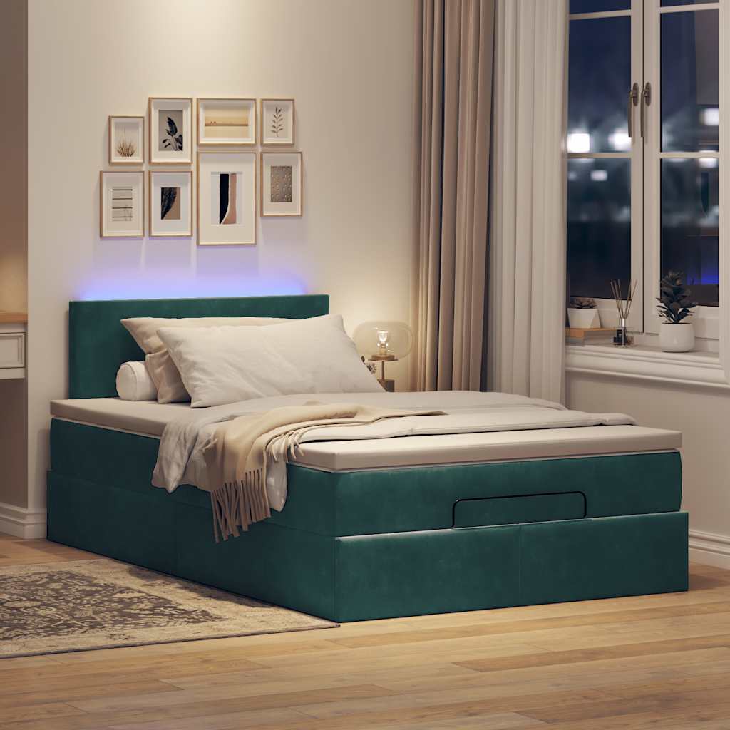 Οθωμανικό κρεβάτι με στρώμα & LEDs Dark Green 120x200cm Velvet