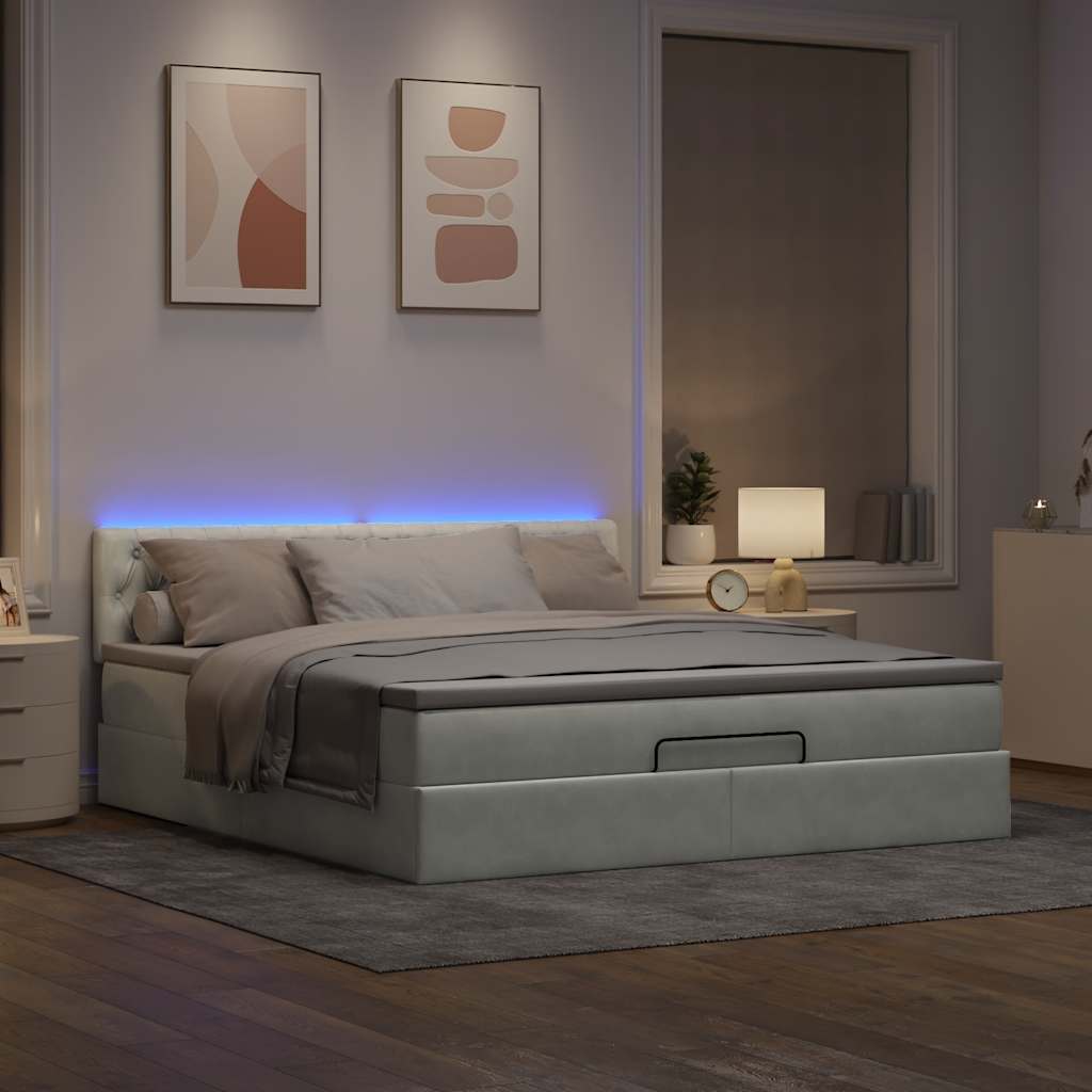 Οθωμανικό κρεβάτι με στρώμα & LEDs Ανοιχτό γκρι Βελούδο