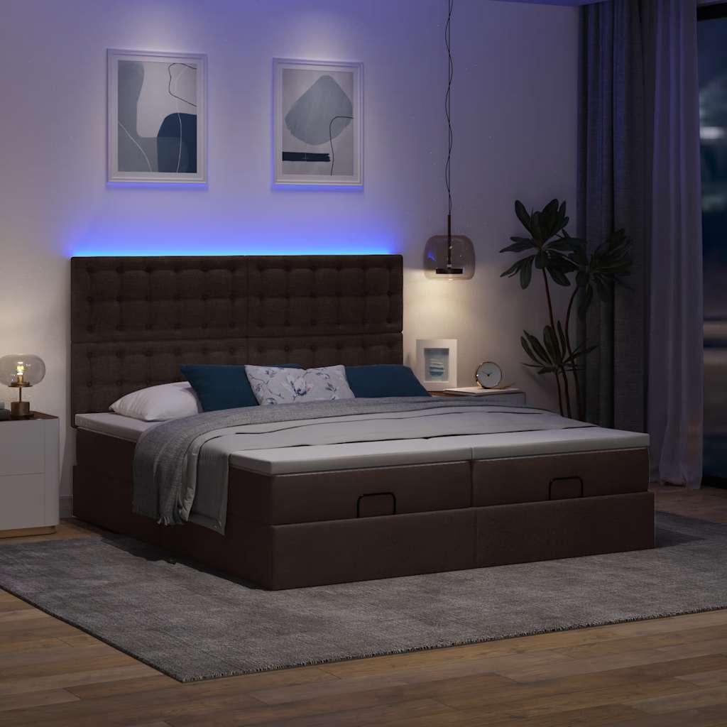 Οθωμανικό κρεβάτι με στρώματα&LEDs Σκούρο καφέ 180x200cm ύφασμα