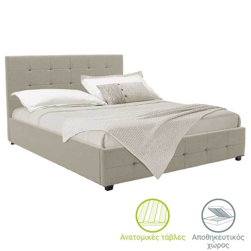 Double bed Roi fabric with storage space in ivory color 160x200cm