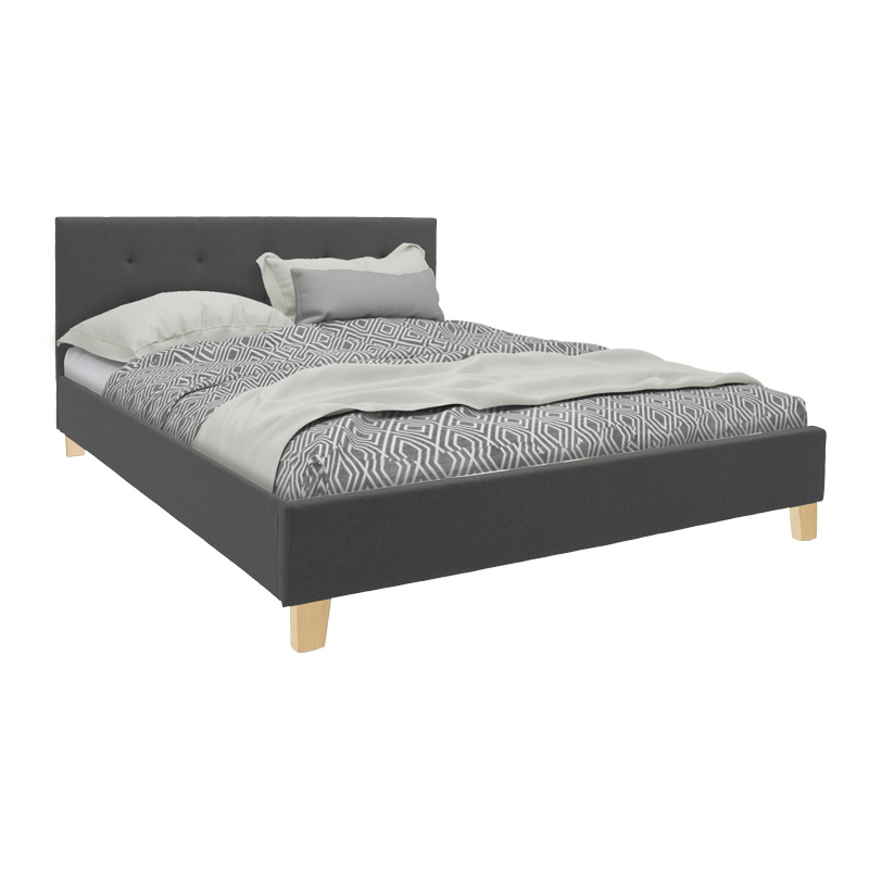 Mago bed, anthracite fabric, with natural wooden leg 140x200cm