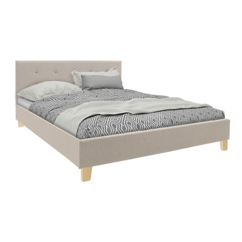Mago bed, cream fabric with natural wood leg, 160x200cm