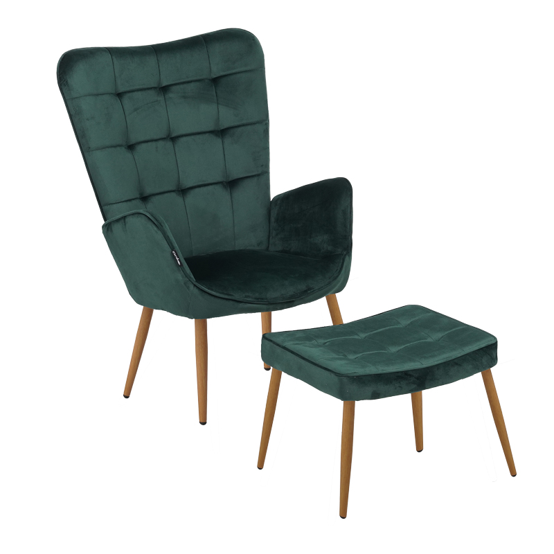 Maddison armchair with footrest-cushion dark green velvet-natural leg 68x72x98cm