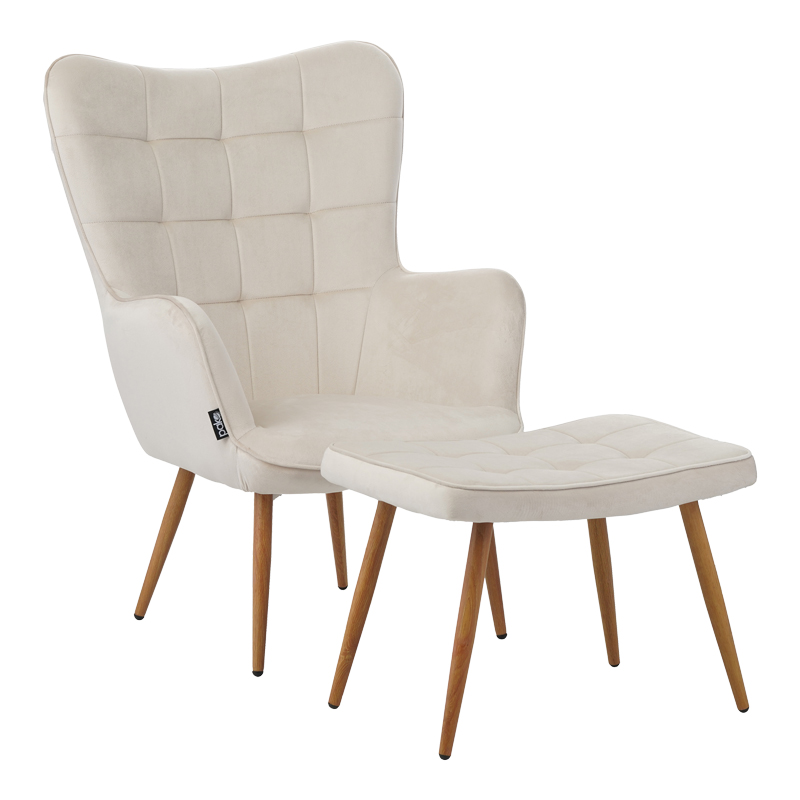 Maddison armchair with footrest-cushion cream velvet-natural leg 68x72x98cm