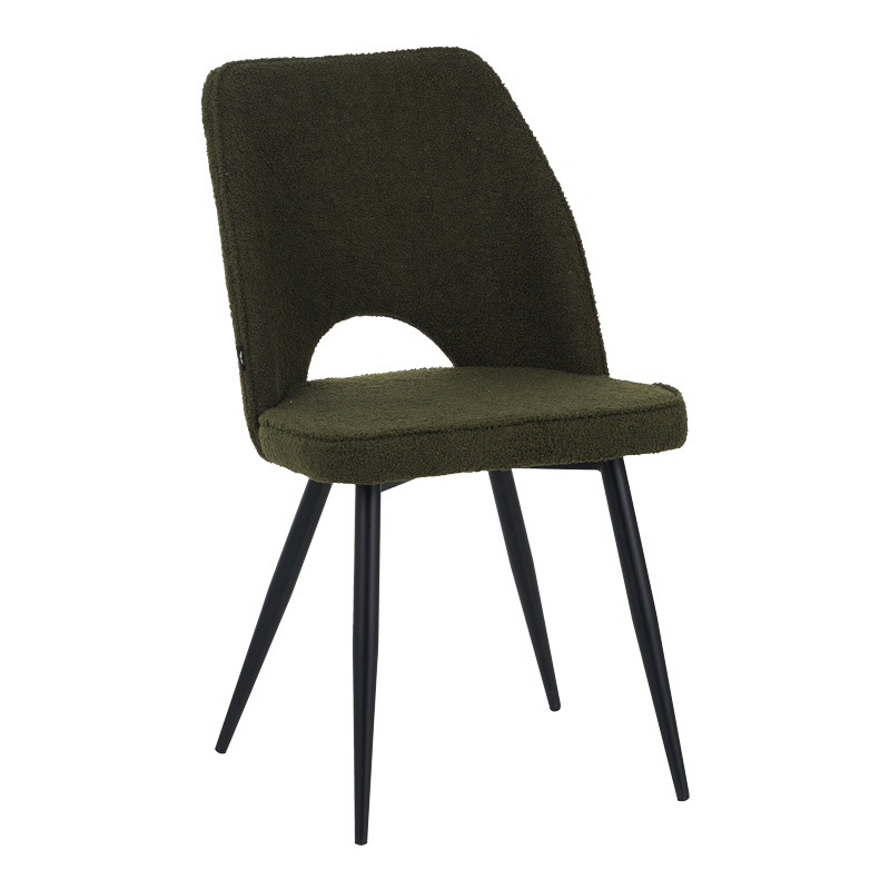 Renish chair bouclé in dark green color with black metallic legs 61x47x91.5cm
