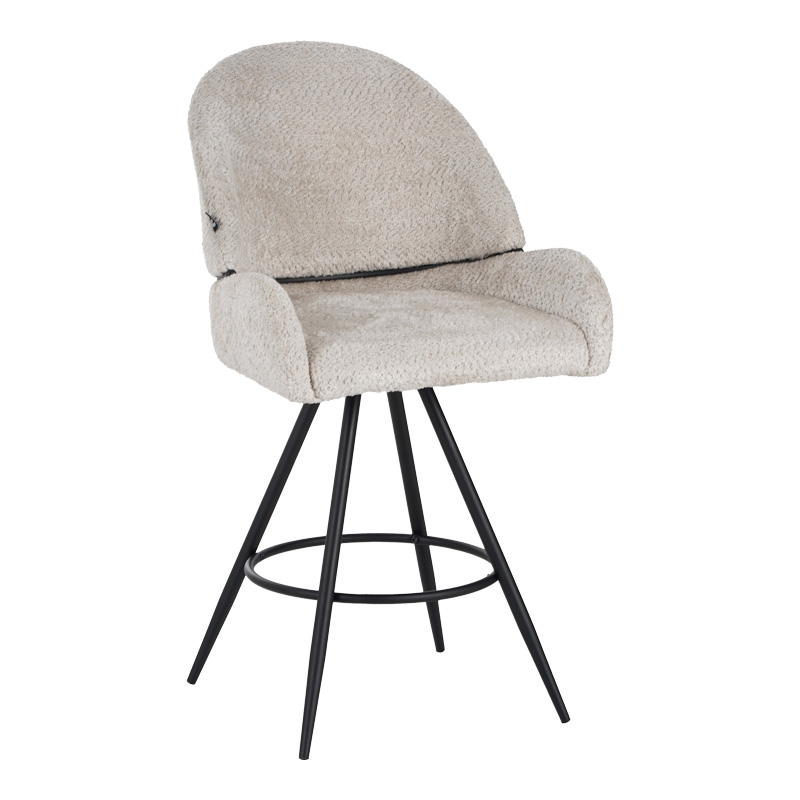 Morea rotating bar stool bouclé in beige color with black metallic legs 55x66x107.5cm