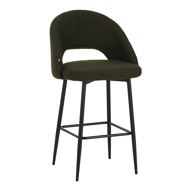 Masebo bar stool bouclé in dark green color with black metallic legs 48x52x97cm