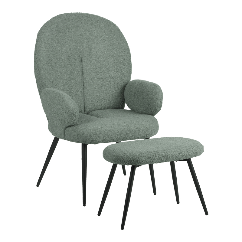 Armchair with footstool Qarar boucle fabric in light green shade with black metal legs 67.5x67.5x106cm
