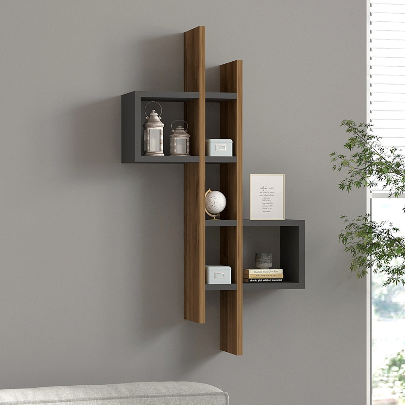 Garel wall shelf in walnut-anthracite shade 53.8x19.6x108cm