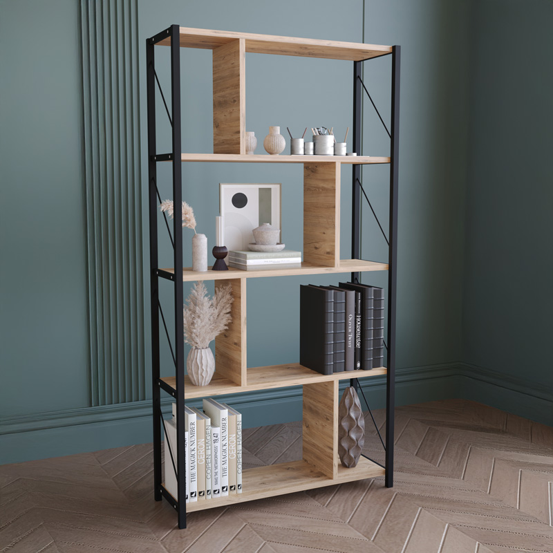 Fitabo bookcase-shelf, black metal, oak color, 75x22x151cm