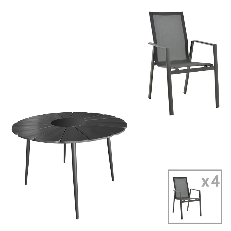 Τραπεζαρία Pinap-Dashiell σετ 5τεμ μαύρο αλουμίνιο και plywood σε μαύρη απόχρωση Φ110x74εκ