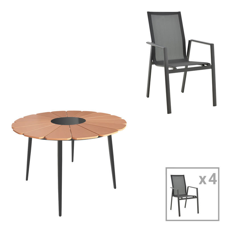 Τραπεζαρία Pinap-Dashiell σετ 5τεμ μαύρο αλουμίνιο και plywood σε φυσική απόχρωση Φ110x74εκ